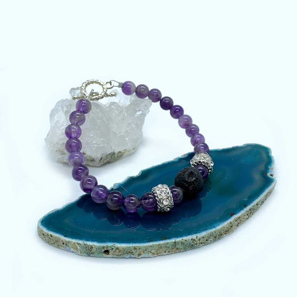 Amethyst, Lava Stone, and Crystal Beads Bracelet